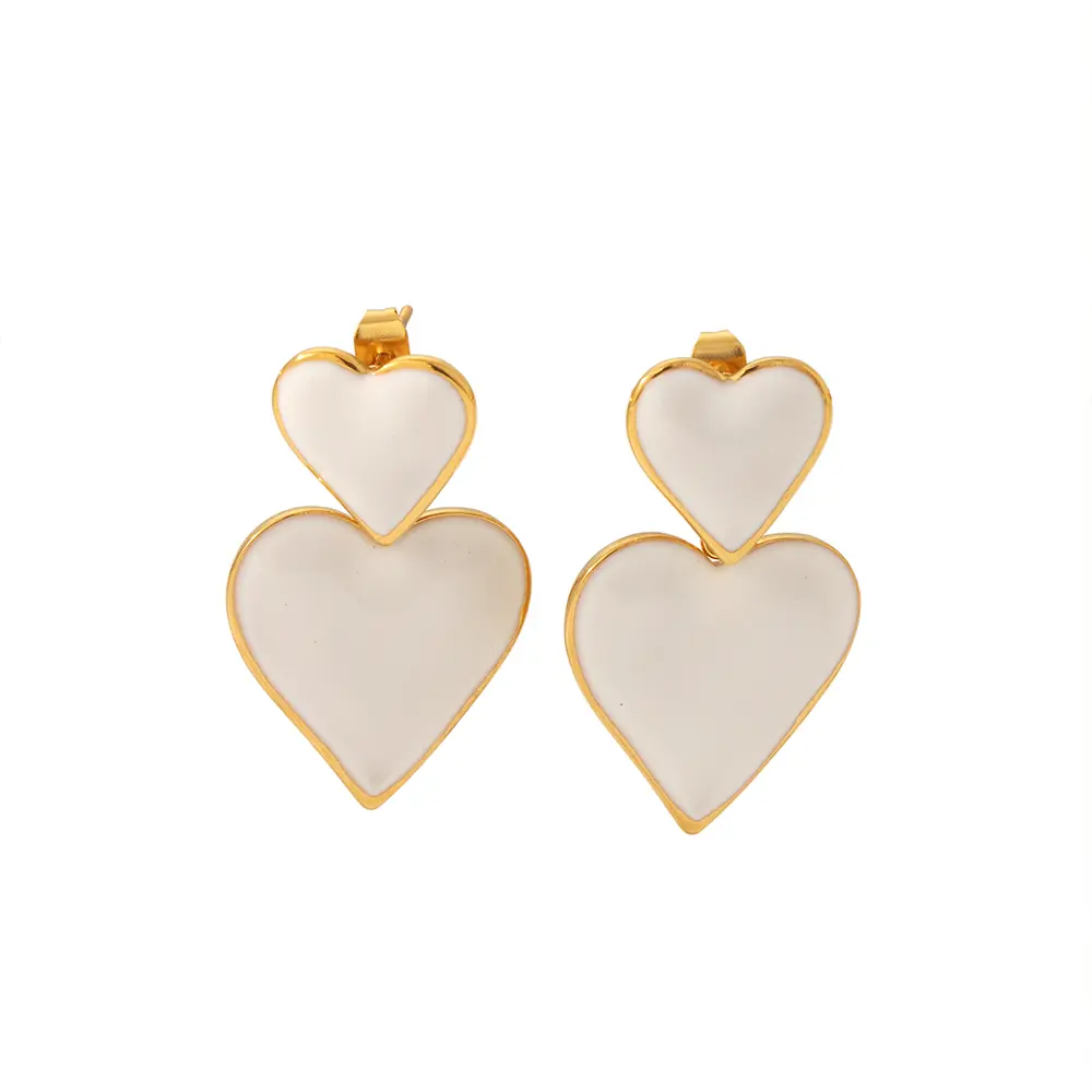 1 par de pendientes colgantes de acero inoxidable chapados en oro de 18 quilates con forma de corazón doble y esmalte estilo dulce y fresco para mujer h5 